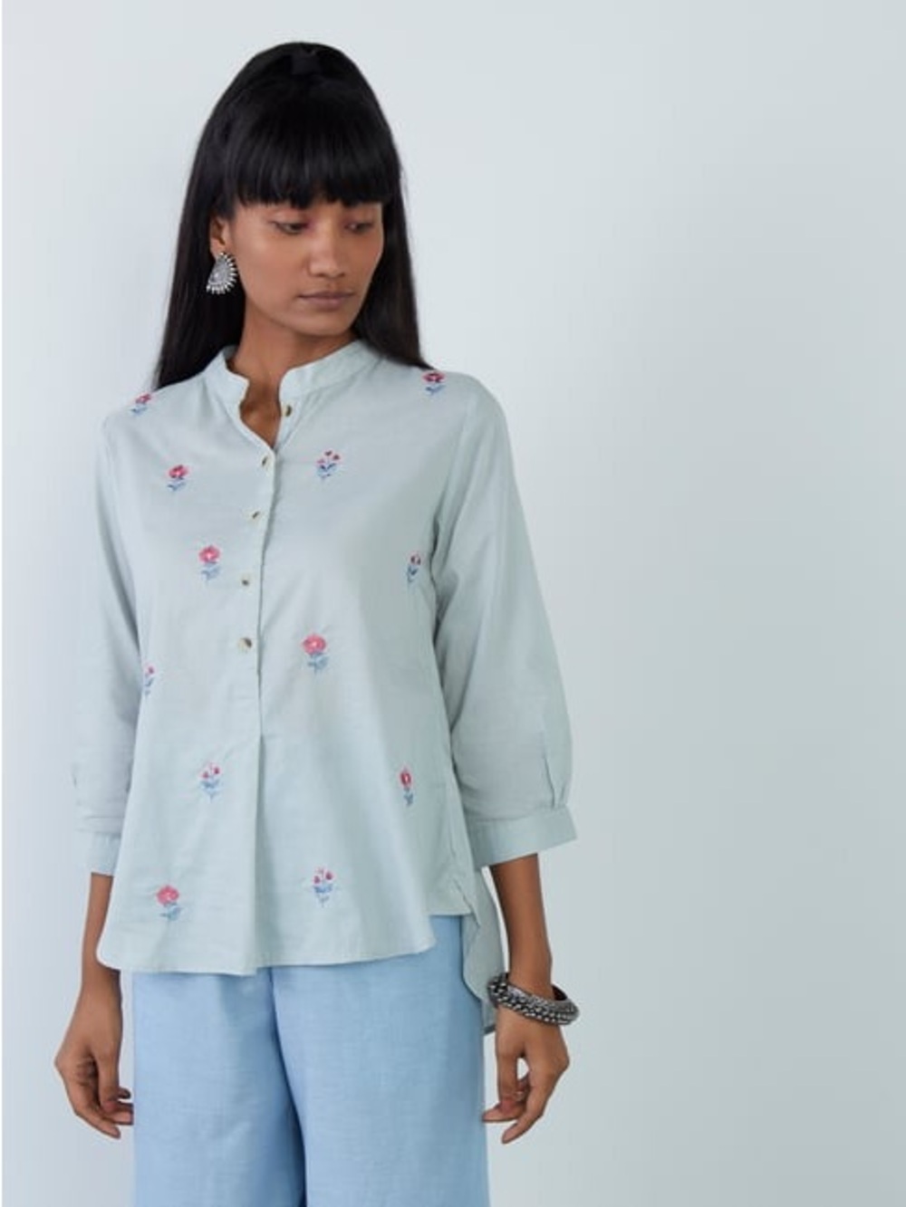 Pale Blue Embroidered Floral Tunic